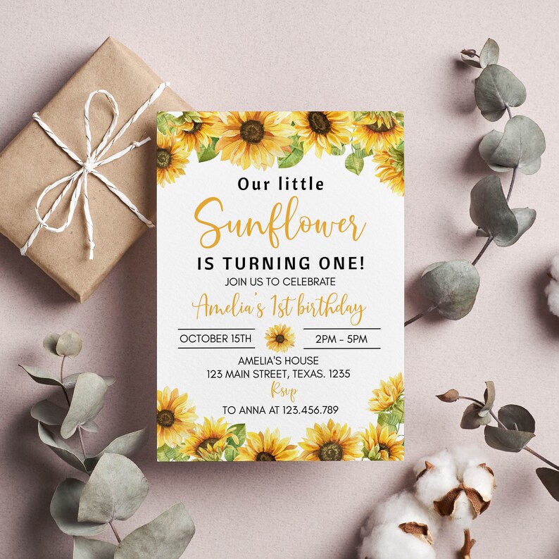 Editable Sunflower Birthday Invitation, Girl Sunflower 1st Birthday Invite, Boho Floral Birthday Invitation Template, Instant Download. S014 image 3
