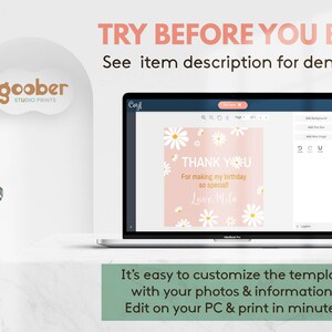 May include: A laptop screen displays a digital template for a thank you card featuring a soft pink background with white daisy illustrations. The text reads THANK YOU, For making my birthday so special!, and Love Mila. The interface shows editing tools.