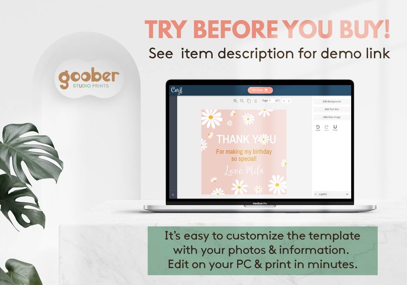 May include: A laptop screen displays a digital template for a thank you card featuring a soft pink background with white daisy illustrations. The text reads THANK YOU, For making my birthday so special!, and Love Mila. The interface shows editing tools.