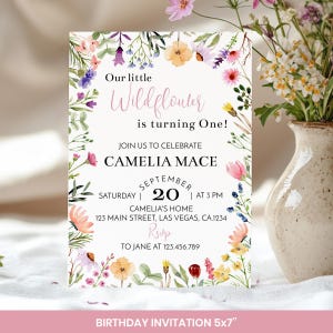 Wildflower First Birthday Invitation Bundle, Flower Birthday Party Decor Kit, Pink Girl Floral Birthday Package, Instant Download. W011 image 3