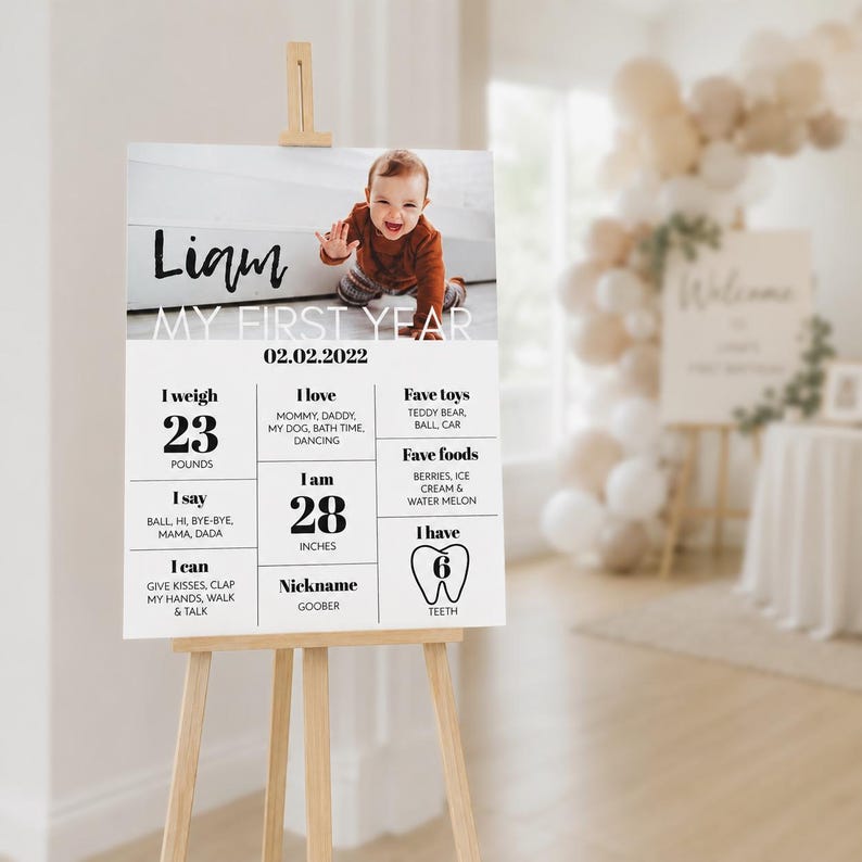EDITABLE First Birthday Milestone Sign, Modern 1st Birthday Milestone Poster, One Year Photo Baby Milestone Board, Printable Template. M004 image 1