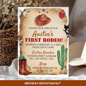 Paquete de invitaciones editables para mi primer cumpleaños de rodeo, kit para fiesta de primer cumpleaños de vaquero, paquete de decoración para cumpleaños del oeste, descarga instantánea. R007 imagen 3
