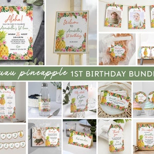 Luau 1st Birthday Party Bundle, Girl 1st Birthday Invitation & Decorations Set, Tropical Birthday Bundle, Aloha Birthday Printables. L005