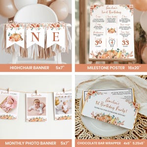 May include: A collection of first birthday party decorations featuring a highchair banner, a 16x20 inch milestone poster, a monthly photo banner, and a 4x5.25 inch chocolate bar wrapper, all decorated with watercolor pumpkins and floral accents.