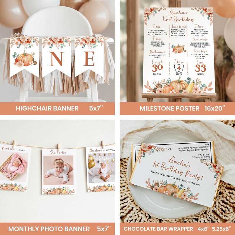 May include: A collection of first birthday party decorations featuring a highchair banner, a 16x20 inch milestone poster, a monthly photo banner, and a 4x5.25 inch chocolate bar wrapper, all decorated with watercolor pumpkins and floral accents.