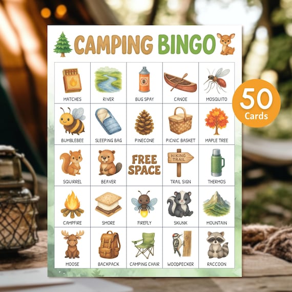 Camping Bingo Game Printable Set, 50 Unique Nature Bingo Cards, Fun Outdoor Birthday Activity, Summer Camp Games, Instant Download