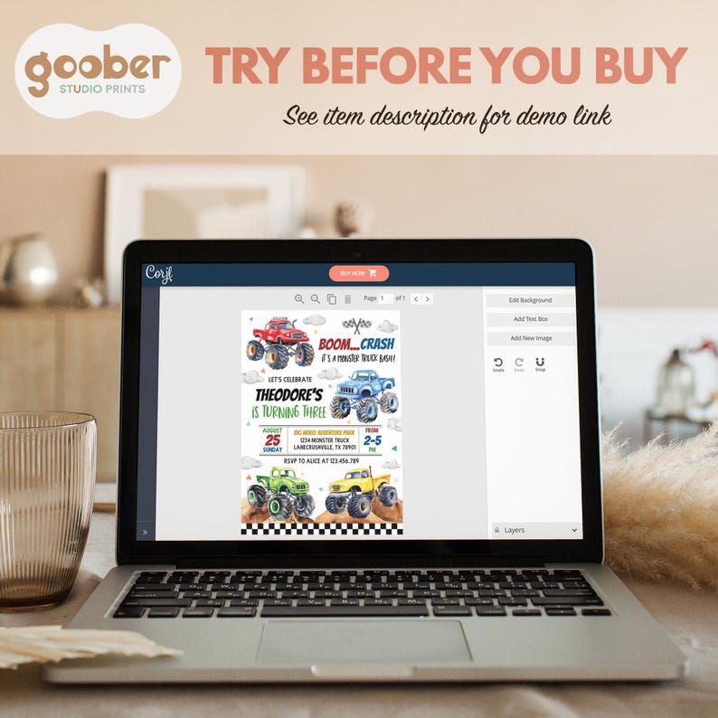 May include: A digital invitation for a monster truck themed birthday party. The invitation features a blue, green, and red monster truck with the text "BOOM...CRASH It's a Monster Truck Bash!" and "Theodore's is turning three".