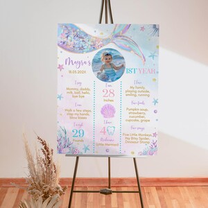 May include: A mermaid-themed first birthday milestone poster with a photo of a baby girl. The poster lists the baby's age, height, weight, and other milestones. The poster is decorated with a mermaid tail, seashells, and other ocean-themed elements.