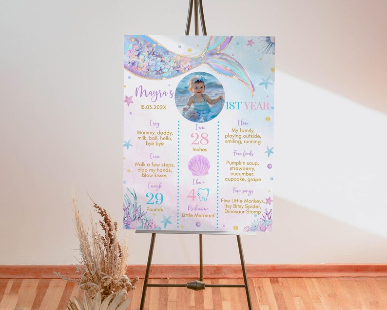 May include: A mermaid-themed first birthday milestone poster with a photo of a baby girl. The poster lists the baby's age, height, weight, and other milestones. The poster is decorated with a mermaid tail, seashells, and other ocean-themed elements.