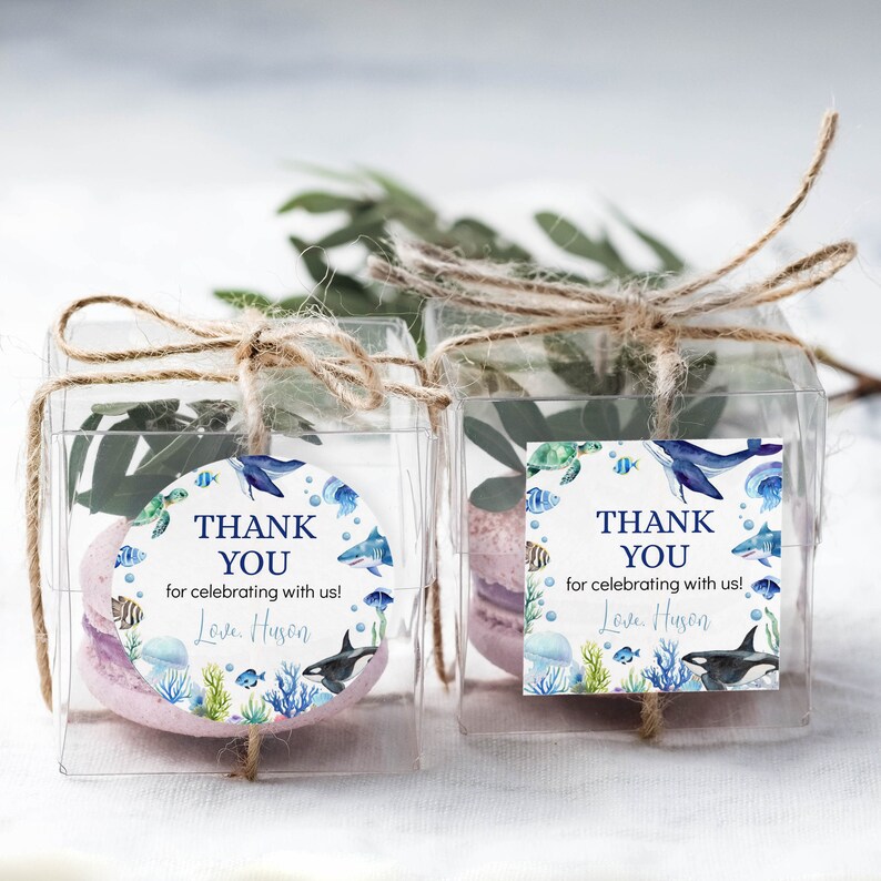 Pu&ograve; includere: Due scatoline quadrate trasparenti legate con spago marrone, contenenti ciascuna un macaron viola chiaro e fogliame verde. Ogni scatola presenta un'etichetta con animali marini ad acquerello e il testo THANK YOU for celebrating with us! Love, Huson.
