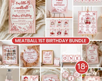 May include: A meatball-themed first birthday party bundle featuring pink and white striped stationery, including invitations, banners, milestone boards, thank you tags, and cupcake toppers, all decorated with illustrations of pasta and meatballs.