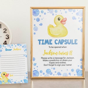 BEWERKBARE klassieke rubberen eend verjaardag tijdcapsule sjabloon, rubberen duckie verjaardagsfeestje tijdcapsule teken, gele eend afdrukbaar. D008