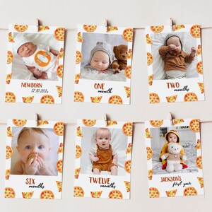 May include: A set of six white photo cards with a pizza pattern. Each card features a baby in a different pose, with the age of the baby written below the photo. The dates are written on the cards, such as "NEWBORN 12.10.202" and "JACKSON'S first year".