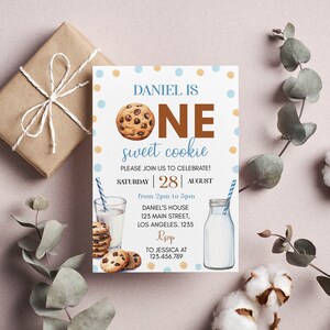 May include: A party invitation with the text "DANIEL IS ONE sweet cookie" featuring a chocolate chip cookie illustration. The invitation includes details for a celebration on Saturday, August 28th, from 2pm to 5pm, at Daniel's house.