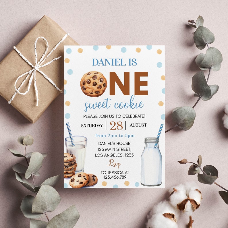 May include: A party invitation with the text "DANIEL IS ONE sweet cookie" featuring a chocolate chip cookie illustration. The invitation includes details for a celebration on Saturday, August 28th, from 2pm to 5pm, at Daniel's house.