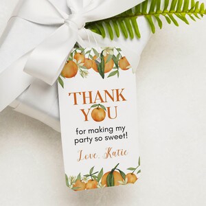 Pu&ograve; includere: Un'etichetta regalo rettangolare bianca con un'illustrazione ad acquerello di arance, foglie verdi e fiori bianchi. Il testo recita: THANK YOU for making my party so sweet! Love, Katie. L'etichetta &egrave; attaccata a un pacchetto regalo bianco con nastro.