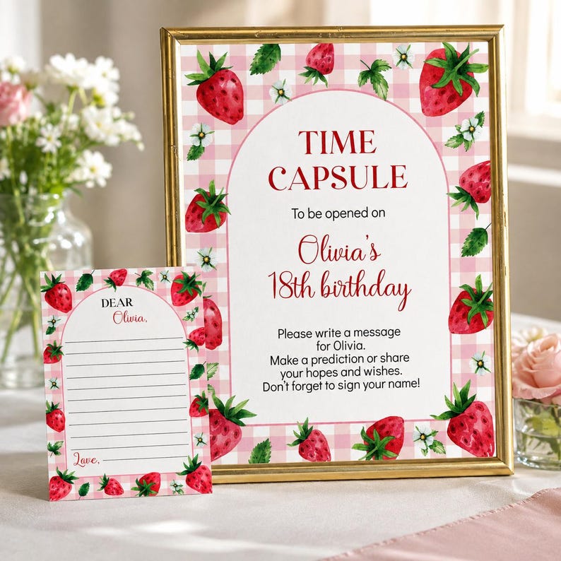 May include: A gold-framed sign and a matching card featuring a pink gingham background with watercolor strawberries and white flowers. The sign reads: TIME CAPSULE To be opened on Olivia's 18th birthday. Please write a message for Olivia.