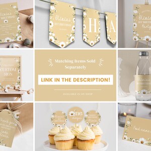 May include: A collection of party stationery featuring a daisy floral pattern on a tan background, including an invitation, bunting, welcome sign, bottle label, thank you tag, cupcake toppers, and food tent card with white text for a 1st birthday.
