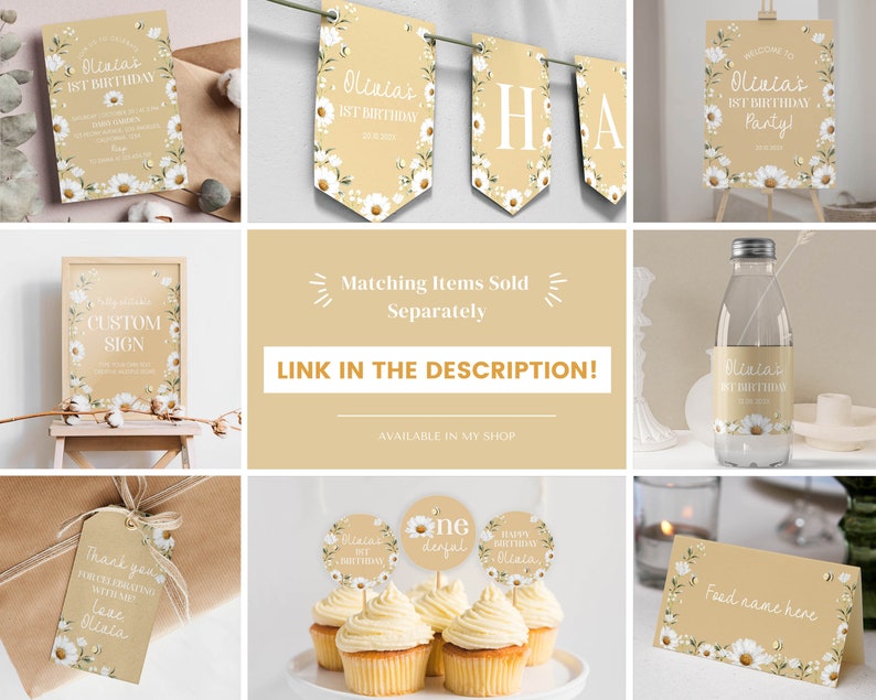 May include: A collection of party stationery featuring a daisy floral pattern on a tan background, including an invitation, bunting, welcome sign, bottle label, thank you tag, cupcake toppers, and food tent card with white text for a 1st birthday.
