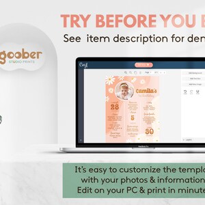 May include: A laptop displaying a customisable digital birthday milestone template with a peach background, white daisy graphics, and text fields for a child's name, age, and personal facts. The screen shows the Corjl editing interface.