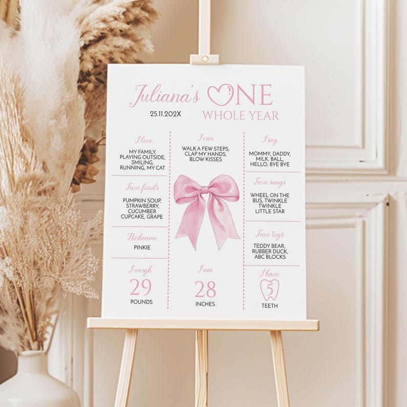 EDITABLE Pink Bow 1st Birthday Milestone Board, Pink Party Decor Milestone Poster, Girl 1st Birthday Decorations, Printable Milestone