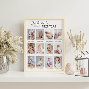 May include: A framed photo collage of a baby's first year, with a white background and black text. The text reads "Jack son's 12.10.202X FIRST YEAR". The collage features 12 photos of the baby at different ages, from one month to twelve months.