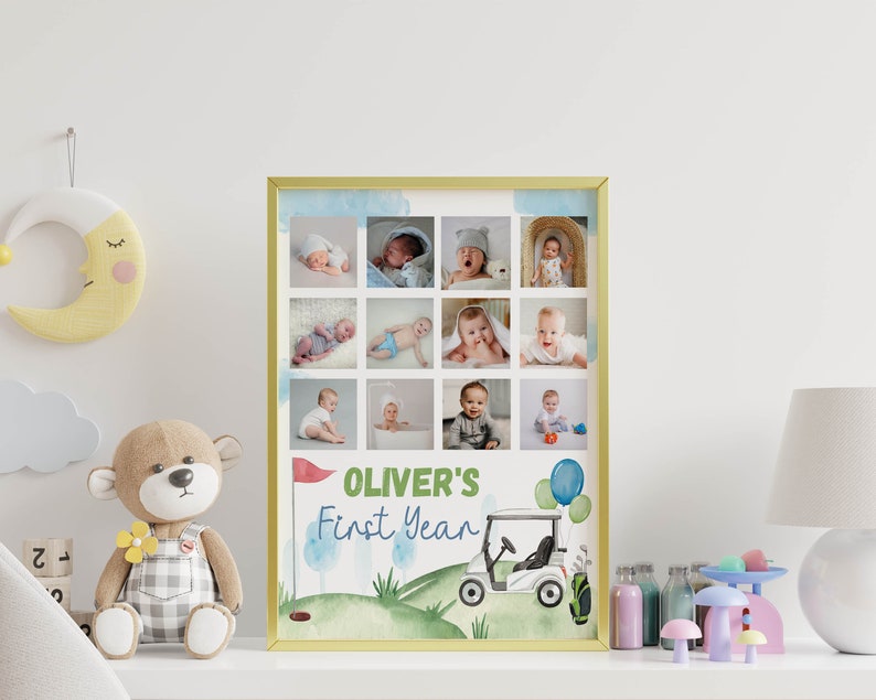 Editable Golf First Year Photo Collage, Hole In One First Birthday Milestone Poster, Par-tee Golf Birthday Board, Instant Download. G001 image 4