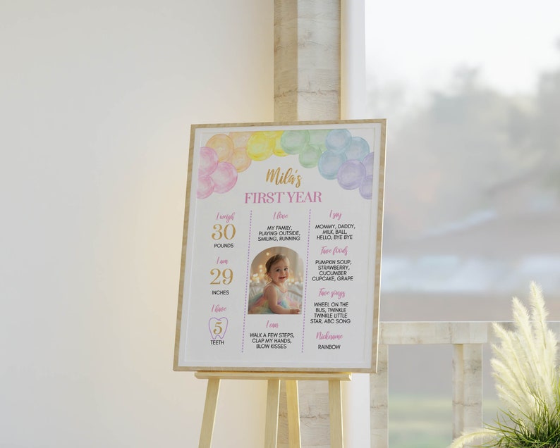 Puede incluir: Un cartel colorido para el primer cumplea&ntilde;os con un borde de arco&iacute;ris y globos de acuarela. El cartel incluye una foto de una ni&ntilde;a, su peso, su altura y otros hitos. El texto del cartel dice "Mila's First Year".