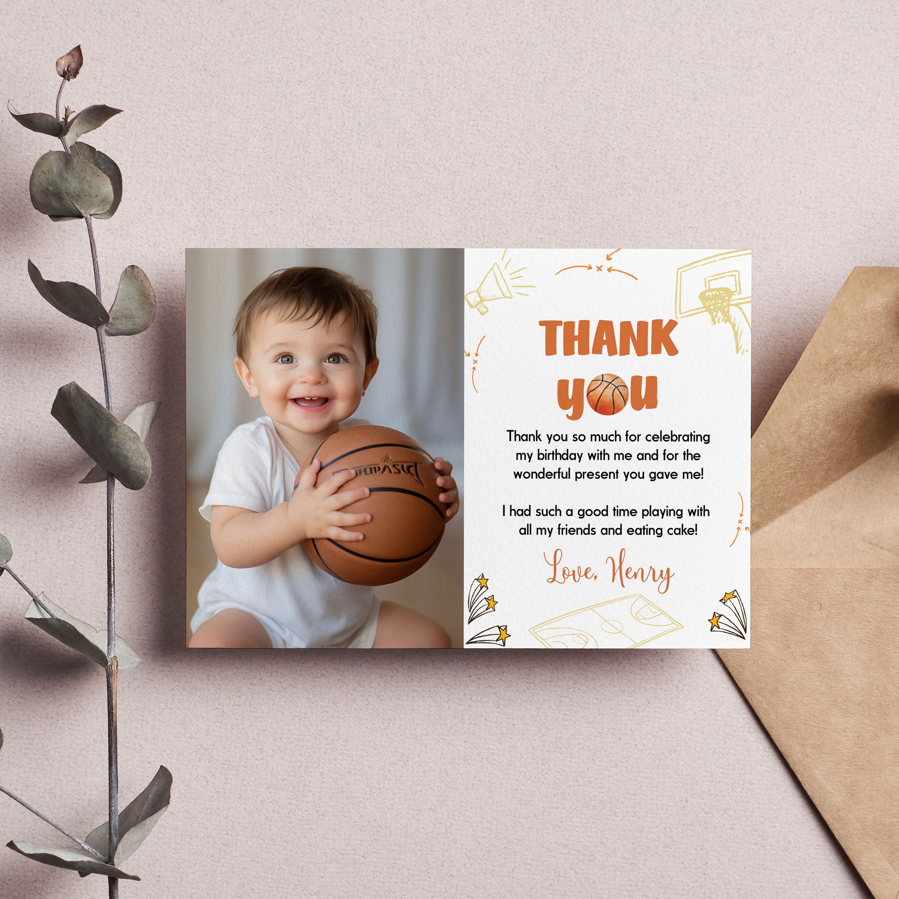 Buy EDITABLE Basketball Birthday Thank You Card, Sports Party Photo ...