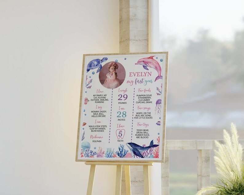 May include: A rectangular milestone poster featuring a circular photo of a child, watercolour sea creatures, and text detailing personal facts including 29 pounds, 28 inches, and 5 teeth. The design includes the name Evelyn and my first year.