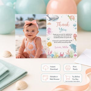 May include: A rectangular thank you card featuring a photo of a baby wearing a peach headband and patterned romper on the left, and watercolor sea creatures with the text Thank You, Love, Mila on the right, plus four digital service icons.