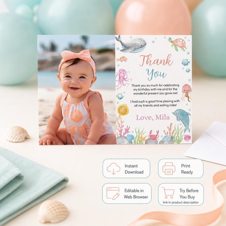 May include: A rectangular thank you card featuring a photo of a baby wearing a peach headband and patterned romper on the left, and watercolor sea creatures with the text Thank You, Love, Mila on the right, plus four digital service icons.