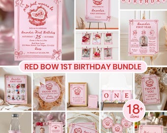 May include: A pink and red first birthday party decoration bundle featuring a heart-shaped cake illustration, bows, and text including "girls just wanna be one" and "Happy Birthday". The set contains invitations, milestone boards, banners, and cupcake toppers.