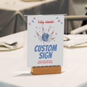 May include: A clear acrylic sign holder with a wooden base displaying a white card with a watercolor bowling ball and pins graphic, red bunting, and the text Fully editable, CUSTOM SIGN, and TYPE YOUR OWN TEXT CREATE MULTIPLE SIGNS.