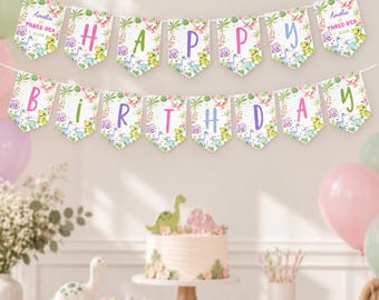Pancarta de cumpleaños de dinosaurios para niña (editable) / Guirnalda de feliz cumpleaños de dinosaurios en tonos pastel / Decoración para fiesta de Three Rex / Descarga instantánea / D023