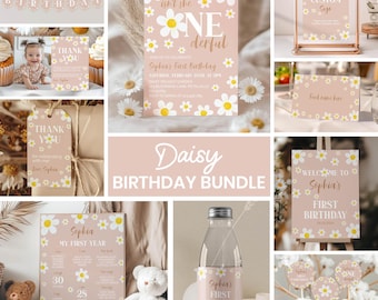 Editable Daisy 1st Birthday Invitation Bundle, Isn't She Onederful Birthday Kit, Boho Daisy Birthday Party Package, Printable Template. D017