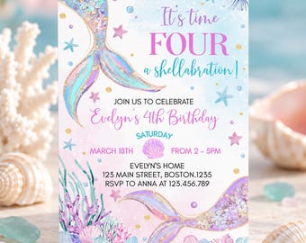 Editable Girl Fourth Birthday Invitation, Mermaid 4th Birthday Invite, Under The Sea Party, Printable Template.
