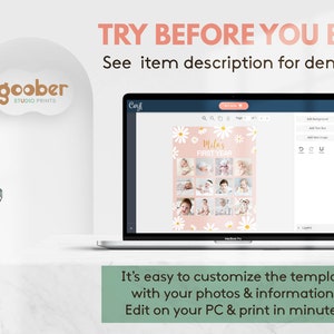 May include: A laptop screen displaying a digital template editor with the text TRY BEFORE YOU BUY! See item description for demo link. The template features a pink background with white daisies and a grid of baby photos labeled Mila's FIRST YEAR.