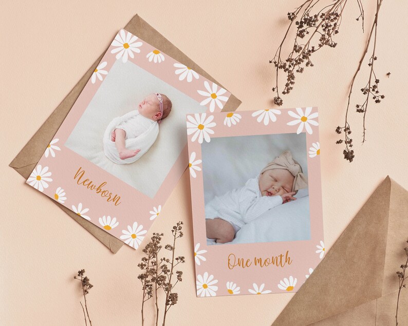 Puede incluir: Dos tarjetas rosas con bordes de margaritas blancas y fotos de un beb&eacute;. La tarjeta superior dice "Reci&eacute;n nacido" y la tarjeta inferior dice "Un mes".