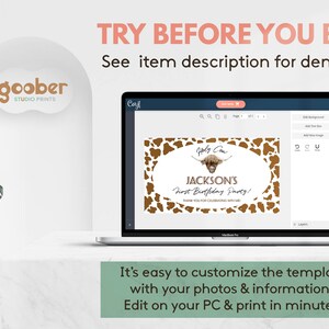 May include: A laptop screen displays a customizable birthday invitation template featuring a brown and white cow print border, a highland cow illustration, and the text Holy Cow, Jackson's First Birthday Party! Thank you for celebrating with me.