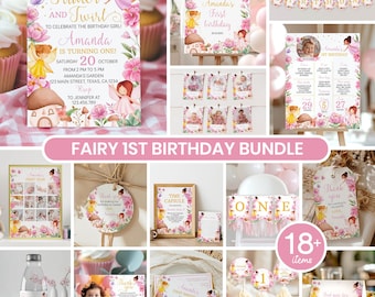 Fairy First Birthday Bundle | Woodland Fairy Birthday Party Decor | Girl 1st Birthday Editable Fairy Party Kit | Instant Download | F012