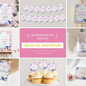 May include: A collection of party stationery featuring an underwater theme with dolphins, sea turtles, and coral illustrations. Items include an invitation, a Happy Birthday banner, welcome signs, a water bottle label, thank you tags, cupcake toppers, and food cards.