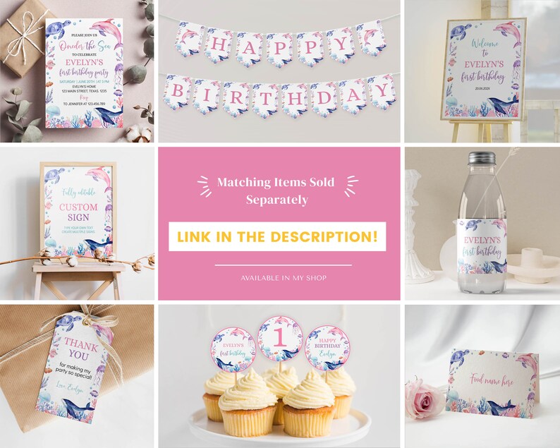 May include: A collection of party stationery featuring an underwater theme with dolphins, sea turtles, and coral illustrations. Items include an invitation, a Happy Birthday banner, welcome signs, a water bottle label, thank you tags, cupcake toppers, and food cards.