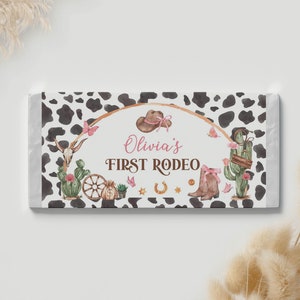 REDIGERBAR Cowgirl Födelsedagsfest Chokladpapper, Vilda Västern 1-årsdag Chokladkakapapper, Första Rodeo Party Favors, Utskrivbar C011 bild 5