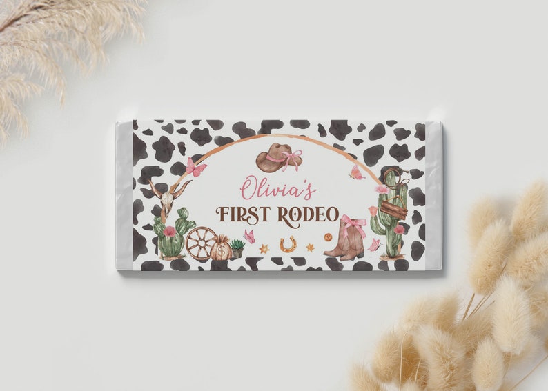 REDIGERBAR Cowgirl Födelsedagsfest Chokladpapper, Vilda Västern 1-årsdag Chokladkakapapper, Första Rodeo Party Favors, Utskrivbar C011 bild 5