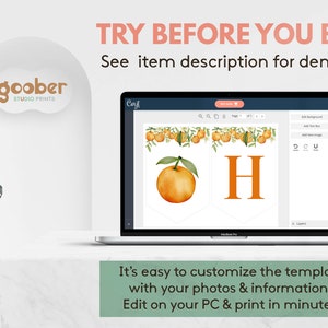 May include: A laptop screen displaying a digital banner template with orange fruit illustrations and the letter H. Text on the screen reads TRY BEFORE YOU BUY! See item description for demo link and It's easy to customize the template with your photos & information. Edit on your PC & print in minutes.