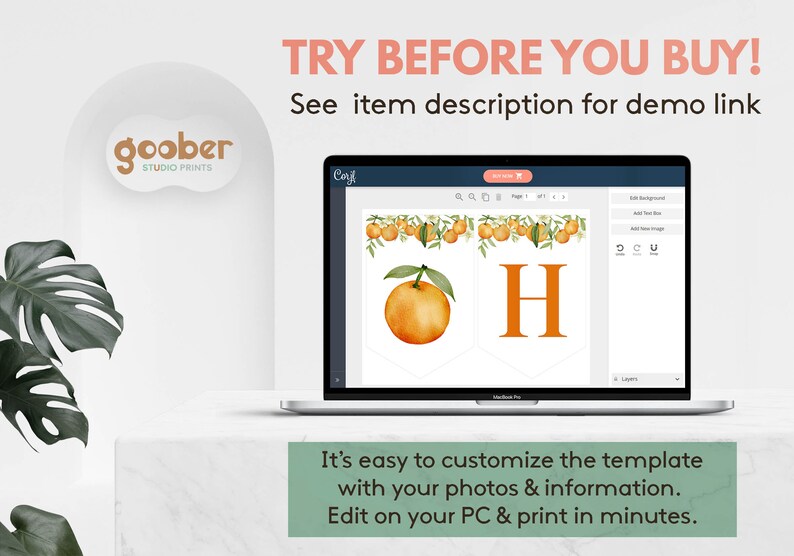 May include: A laptop screen displaying a digital banner template with orange fruit illustrations and the letter H. Text on the screen reads TRY BEFORE YOU BUY! See item description for demo link and It's easy to customize the template with your photos & information. Edit on your PC & print in minutes.