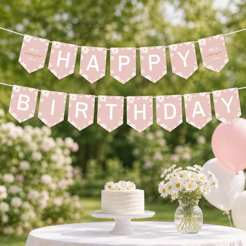 Op de afbeelding: Een tweedelige vlaggenlijn met oudroze vlaggetjes met witte madeliefjespatronen en grote witte letters die HAPPY BIRTHDAY spellen. De buitenste vlaggetjes bevatten de tekst Mila is turning one en een datum, alles aan een wit koord.
