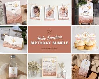 Editable First Trip Around The Sun Invitation Bundle, Boho Sunshine 1st Birthday Party, Neutral Sun Birthday Package, Instant Download. S005