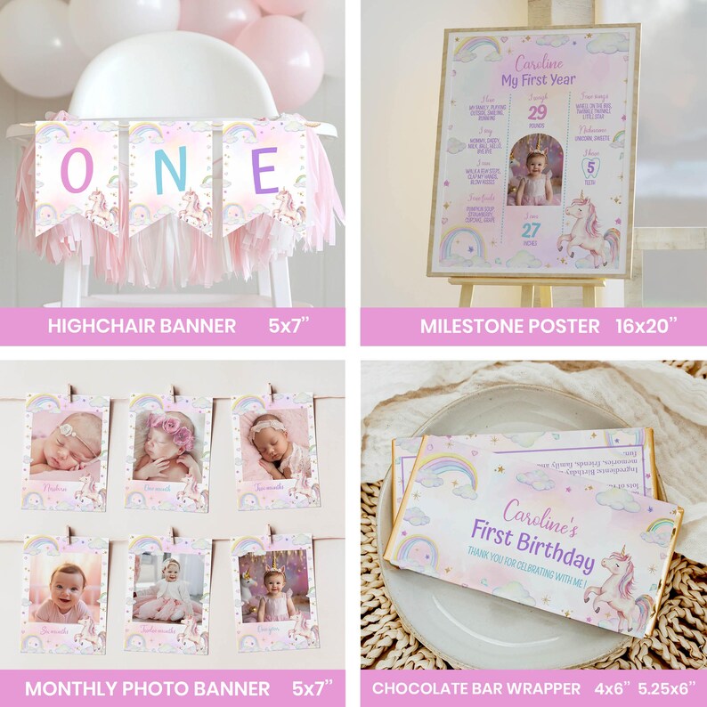 May include: A unicorn-themed party set including a highchair banner with the word ONE, a 16x20 inch milestone poster, monthly photo banners, and a 4x5.25 inch chocolate bar wrapper. All items feature pastel rainbows, clouds, and unicorns.